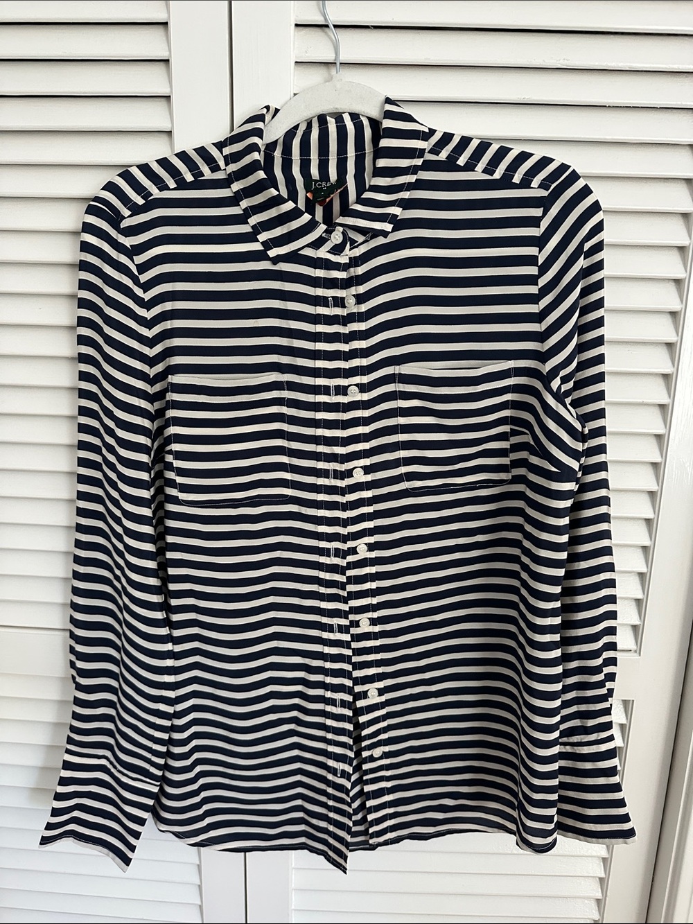 J.Crew 100% Silk Navy Ivory Stripe Button Down Shirt Size S